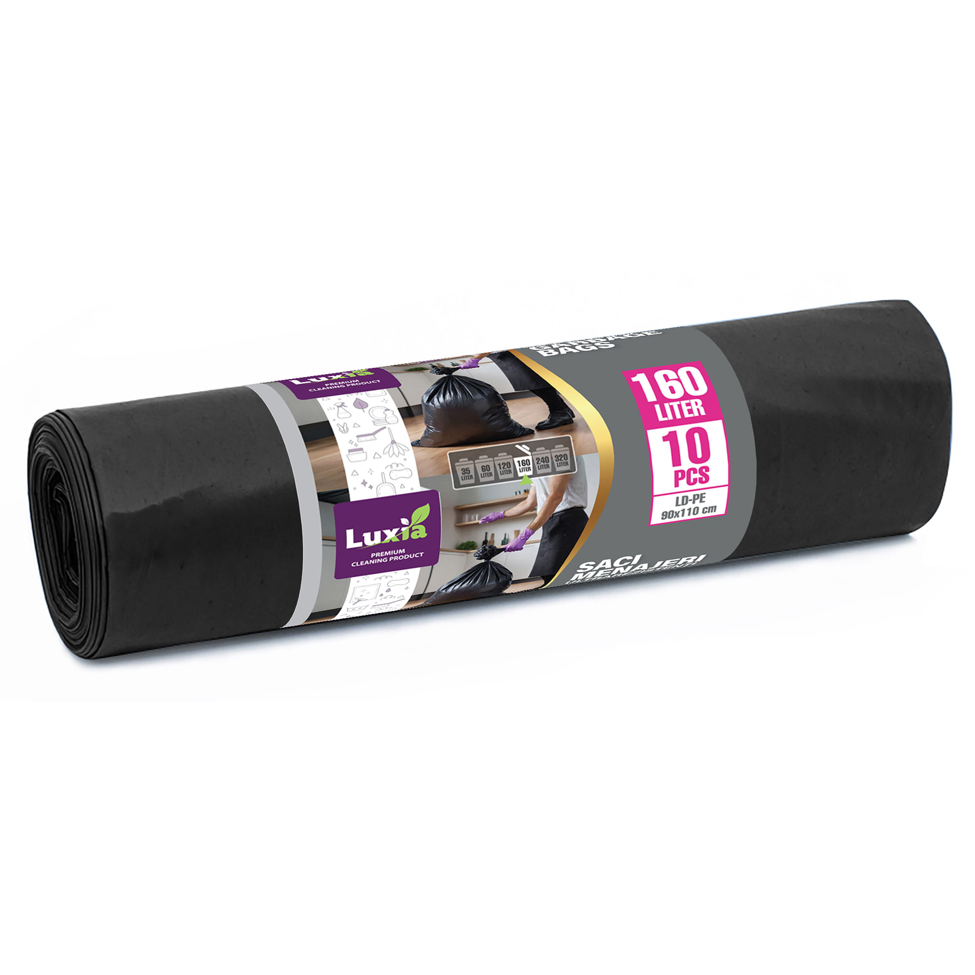 Saci menajeri Luxia polietilena LDPE 160 litri 10 buc/rola negru