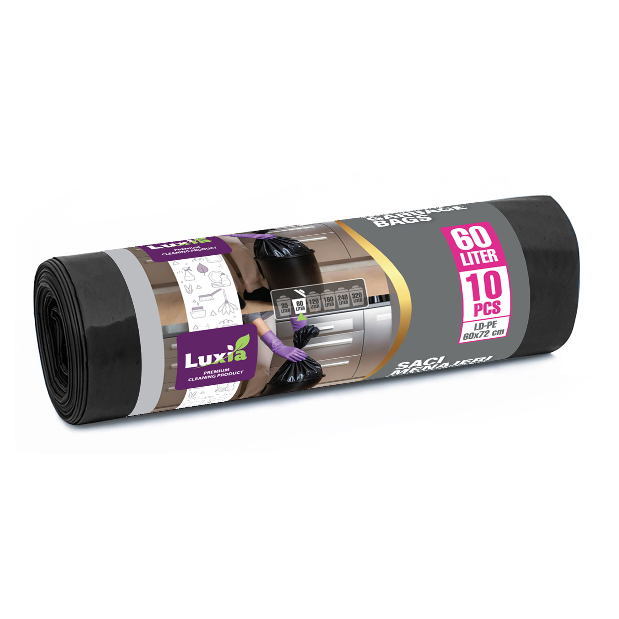 Saci menajeri Luxia 60L 10 buc/rola LDPE negri