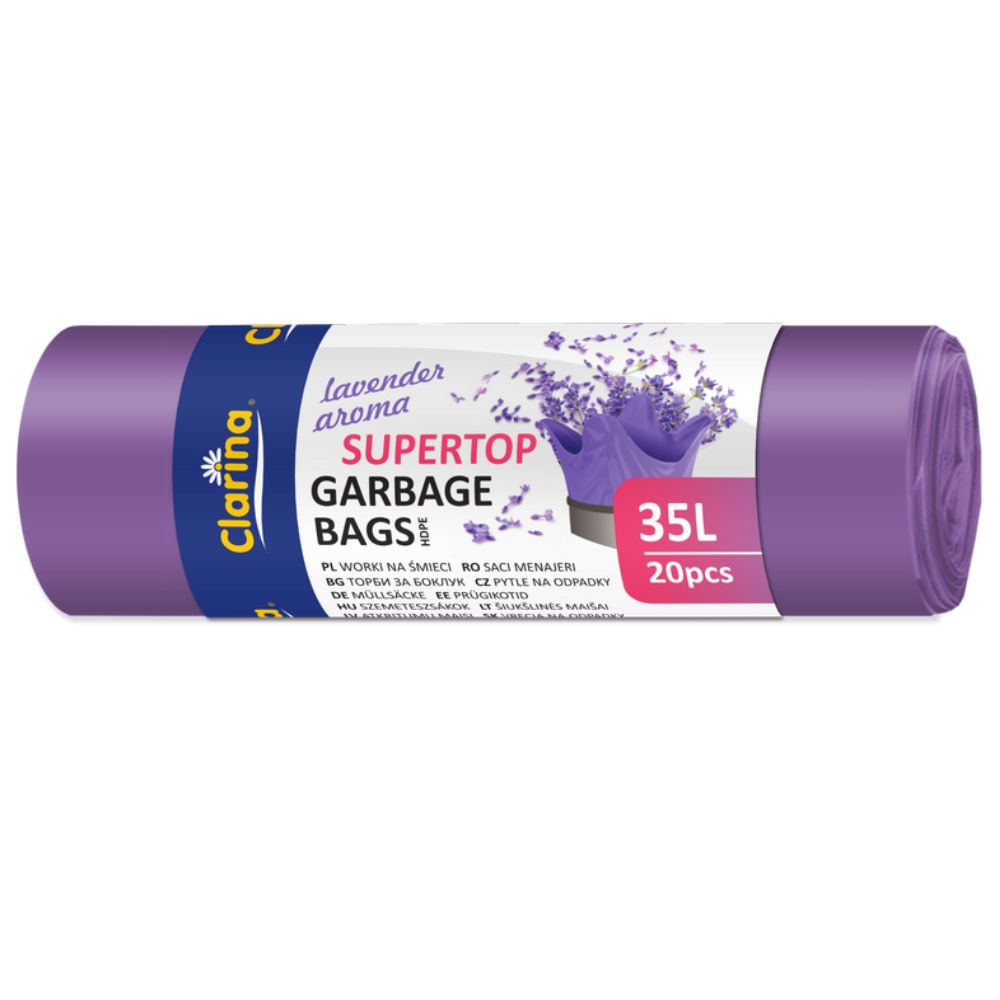 Saci menajeri Clarina 35L cu urechi de prindere 20 buc/rola mov lavanda