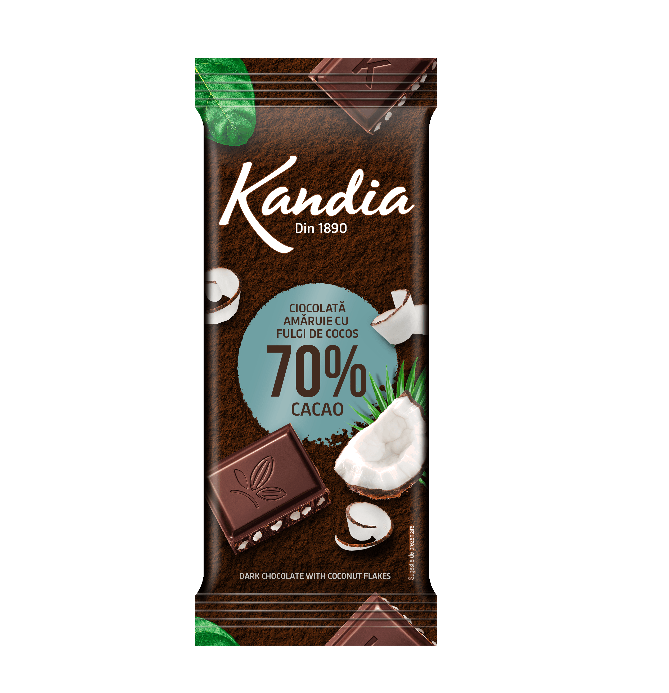 Ciocolata neagra Kandia cu fulgi de cocos 70% cacao 80g