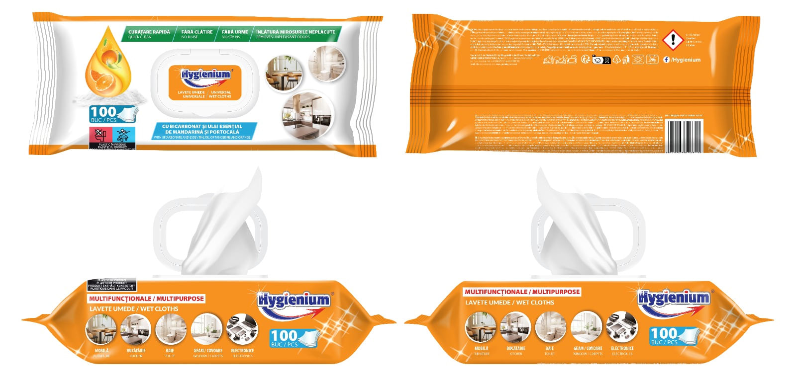 Lavete umede universale Hygienium cu bicarbonat si parfum de portocale 100 bucati Lavete umede Hygienium cu bicarbonat si parfum de portocale 100 bucati