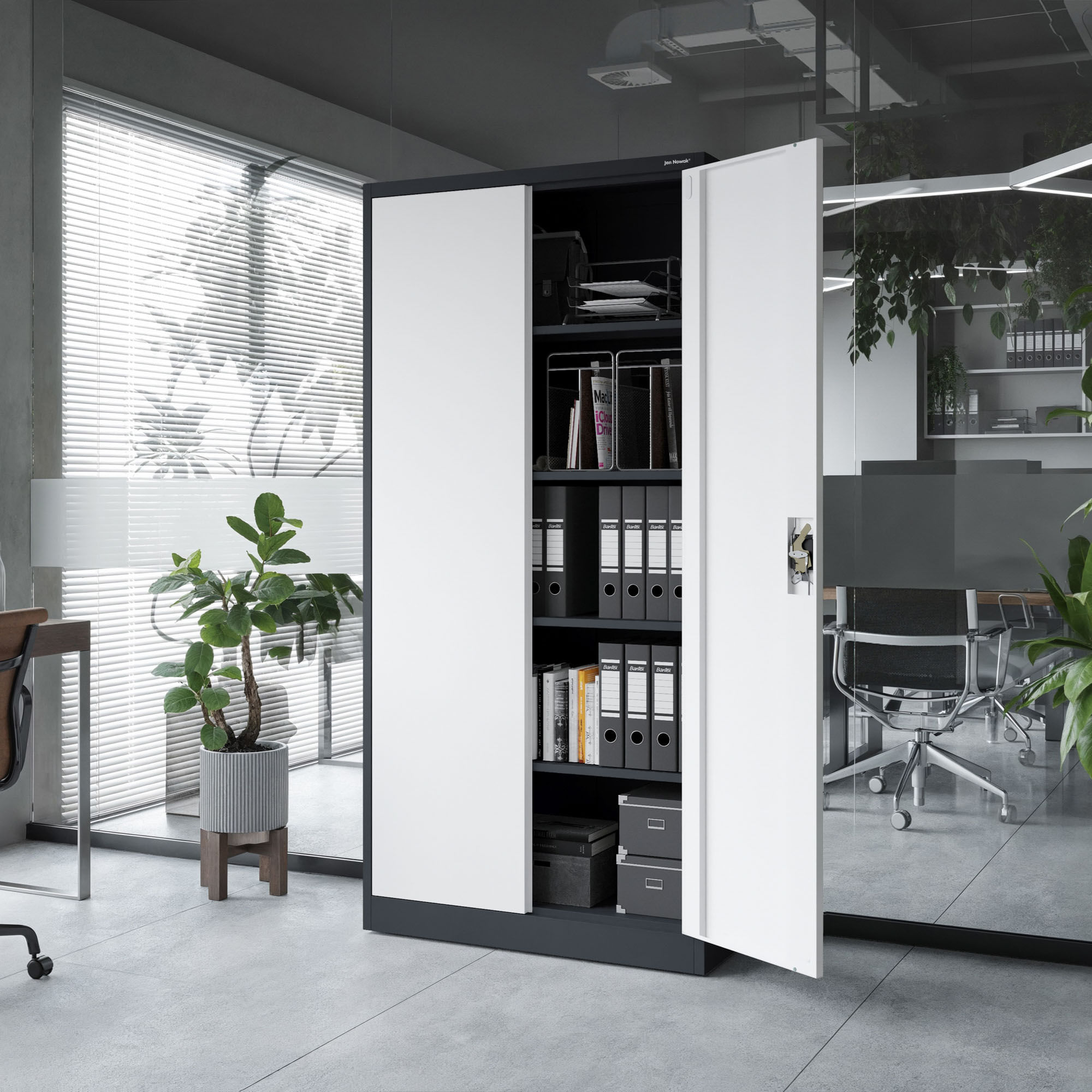 Dulap metalic cu incuietoare JAN, 900 x 1850 x 400 mm, antracit-alb Dulap de birou pentru documente cu 4 rafturi, antracit-alb, 900x1850x400 mm: JAN