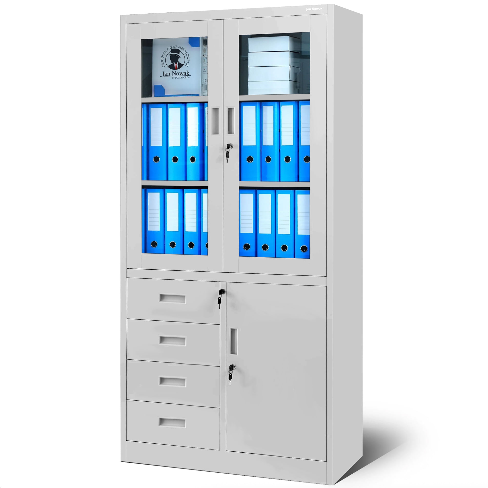 Dulap de birou cu vitrina si sertare WIOLA, 900 x 1850 x 400 mm, gri Dulap de birou cu vitrină și sertare WIOLA, 900 x 1850 x 400 mm, gri