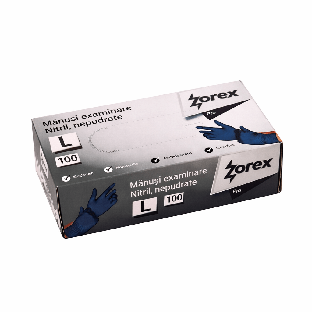 Manusi unica folosinta protectie chimica nitril nepudrat 100 buc Zorex diverse marimi Manusi unica folosinta protectie chimica nitril nepudrat 100 buc Zorex diverse marimi L