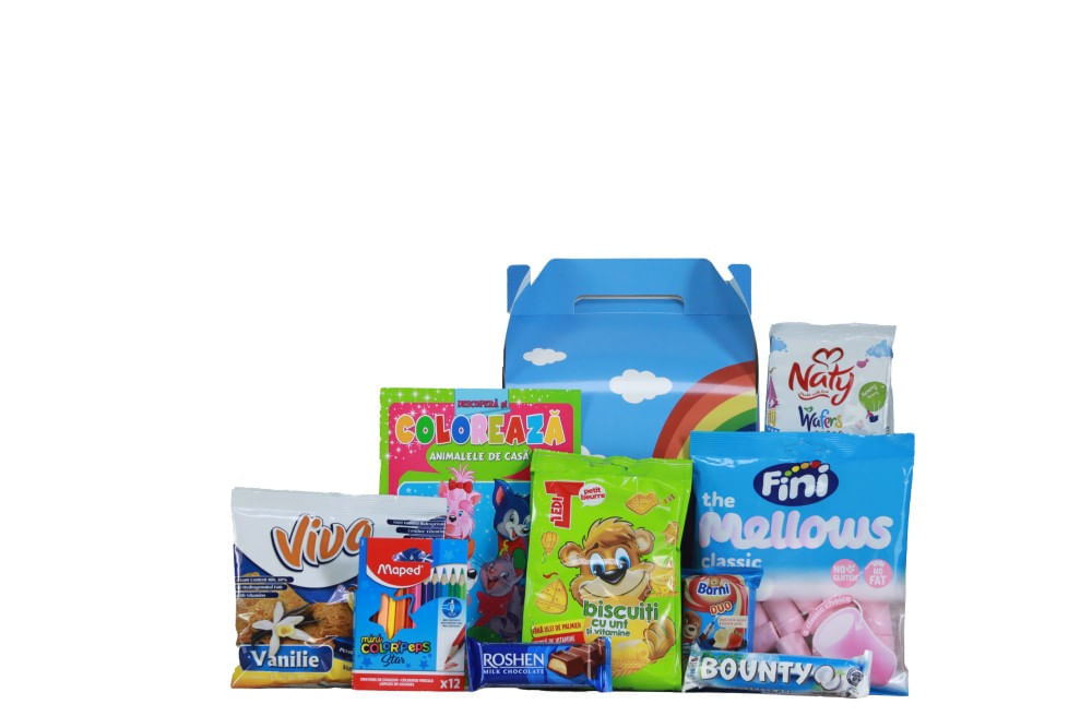 Pachet cadou copii 1 iunie dulciuri 475 g carte si creioane de colorat în cutie Pachet cadou copii 1 iunie dulciuri 475 g carte si creioane de colorat în cutie