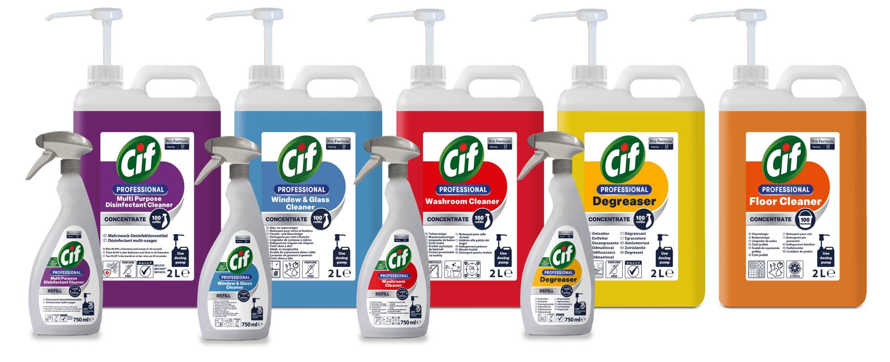 Pachet 5 canistre x 2L Cif Pro Formula solutie concentrata include cadou 6 pulverizatoare si 5 pompe dozatoare Pachet PROMO Cif Pro Formula 6 canistre solutie concentrata cu dozator