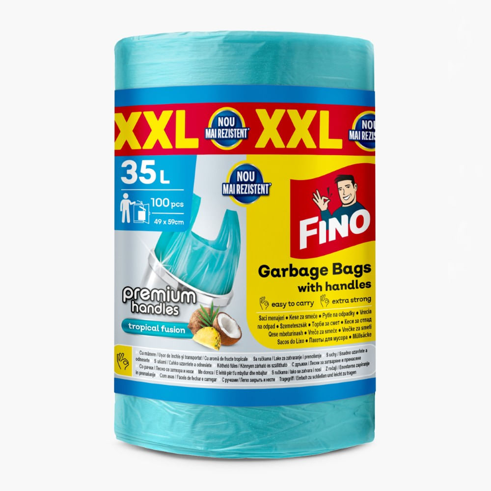 Saci menajeri cu manere 35L parfumati albastri FINO HD 100 buc/rola Saci menajeri cu manere 35L parfumati albastri 100 buc FINO HD