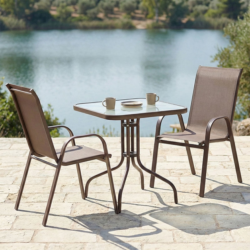 Set de dining 3 piese Watson-Calan pakoworld metal textilene maro 70x70x70cm Set de dining 3 piese Watson-Calan pakoworld metal textilene ma...