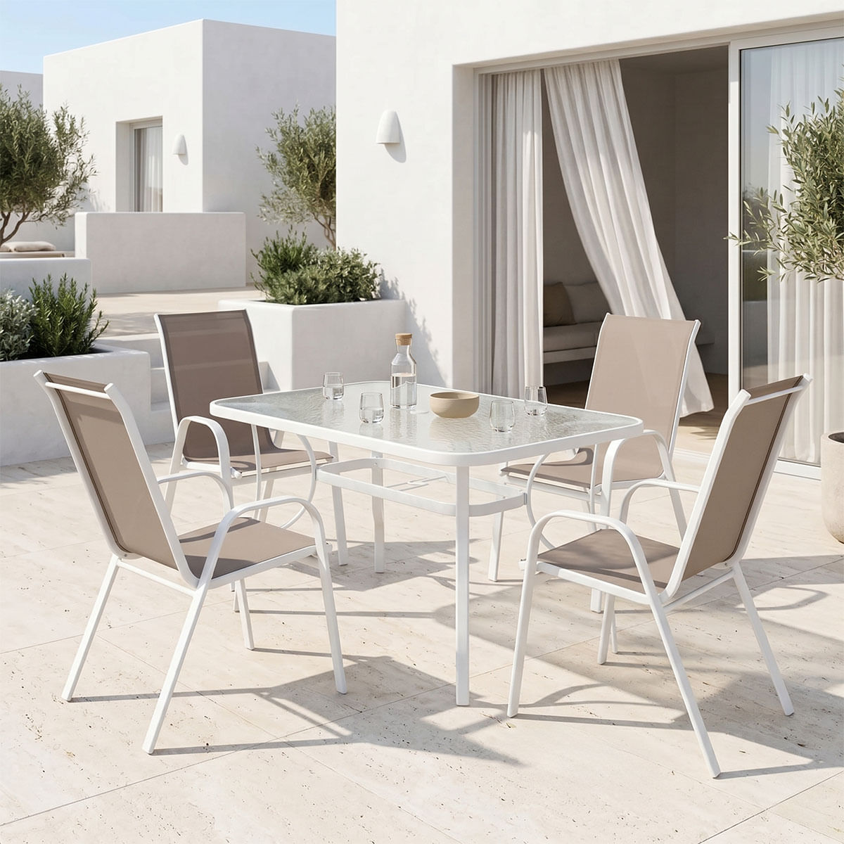 Masa de dining Calan-Ensure pakoworld 5 buc metal-sticla in culoarea alba 120x70x70cm Masa de dining Calan-Ensure pakoworld 5 buc metal-stic...