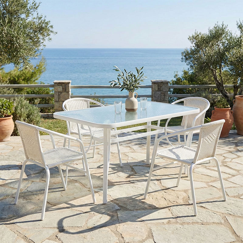 Masa de dining Obbi-Ensure pakoworld 5 piese metal-sticla pe alb, 120x70x70cm Masa de dining Obbi-Ensure pakoworld 5 piese metal-sticla pe a...