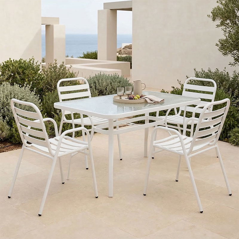 Masa de dining Sussie-Ensure pakoworld 5 piese metal-sticla in culoarea alba 120x70x70cm Masa de dining Sussie-Ensure pakoworld 5 piese meta...