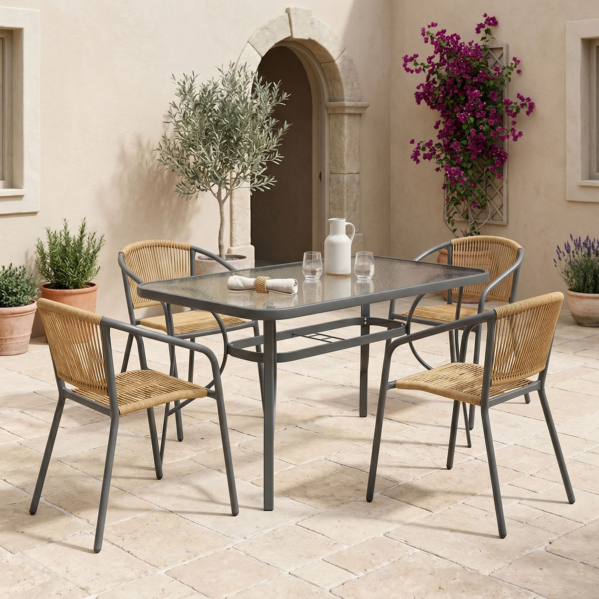 Masa de dining Ensure-Lindaria pakoworld set de 5 piese metalica in nuanta antracit si pe ratan in nuanta naturala 120x70x70cm Masa de dinin...