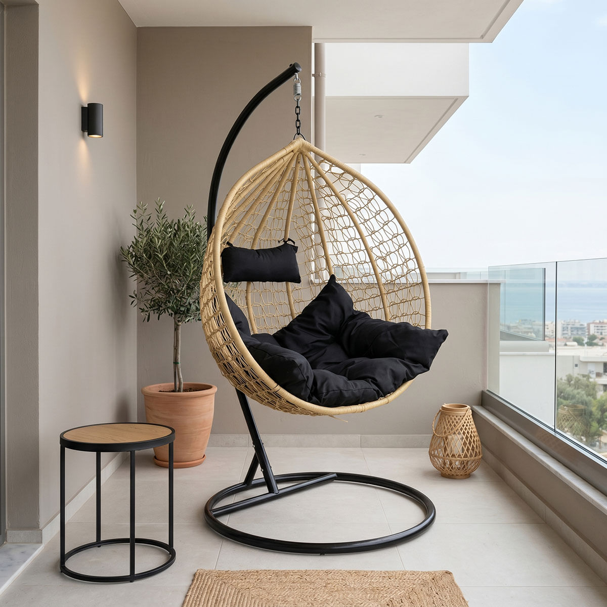 Zafer leagan swing pakoworld suspendat in culoarea naturala si metal negru 106x103x200cm Zafer leagan swing pakoworld suspendat in culoarea...