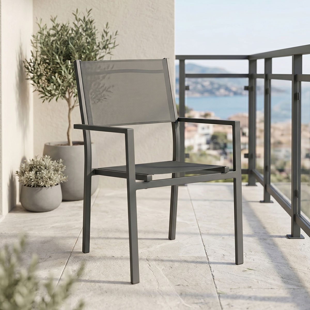 Scaun pliabil stivuibil Moly pakoworld antracit aluminiu-textilene 61x56.5x87.5cm Scaun pliabil stivuibil Moly pakoworld antracit aluminiu-t...