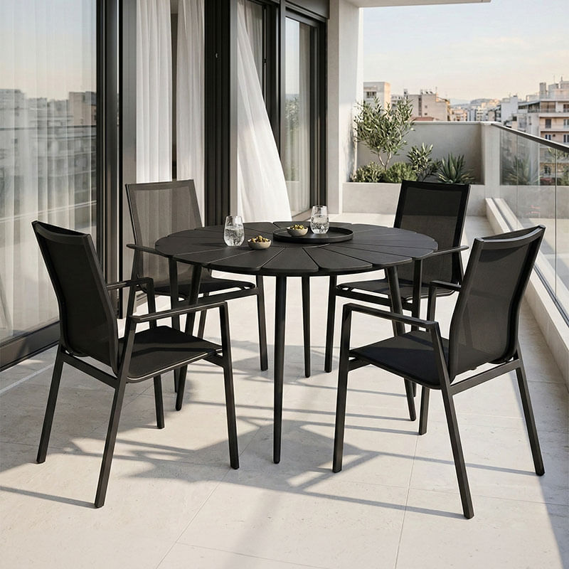 Set masa Pinap-Dashiell pentru 5 persoane, Pakoworld, aluminiu negru si placaj, nuanta neagra, PH110x74cm Set masa Pinap-Dashiell pentru 5 p...