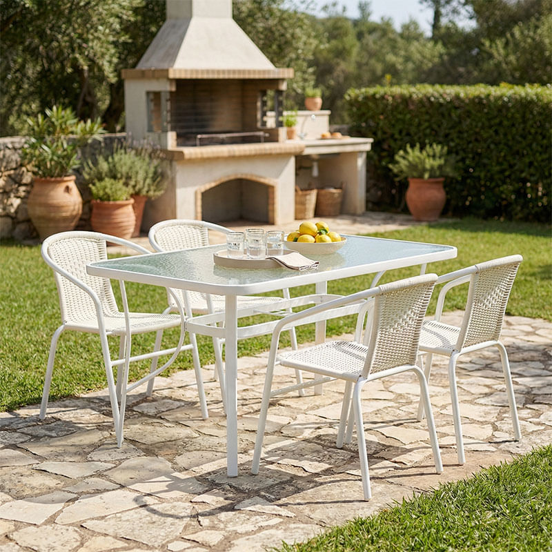 Masa de dining Ensure-Obbi, set de 5, pakoworld, metal-pe alb Masa de dining Ensure-Obbi, set de 5, pakoworld, metal-pe alb