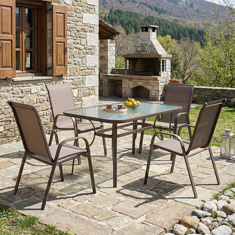 Masa de dining Ensure-Calan set 5 piese pakoworld metal-textilene maro Masa de dining Ensure-Calan set 5 piese pakoworld metal-textilene mar...