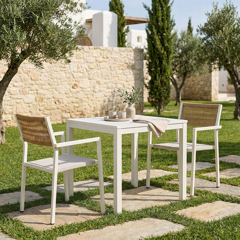 Set masa de dining Savor-Kliton, 3 bucati, Pakoworld, alb, aluminiu si ratan in culoarea naturala, 80x80x74cm Set masa de dining Savor-Klito...