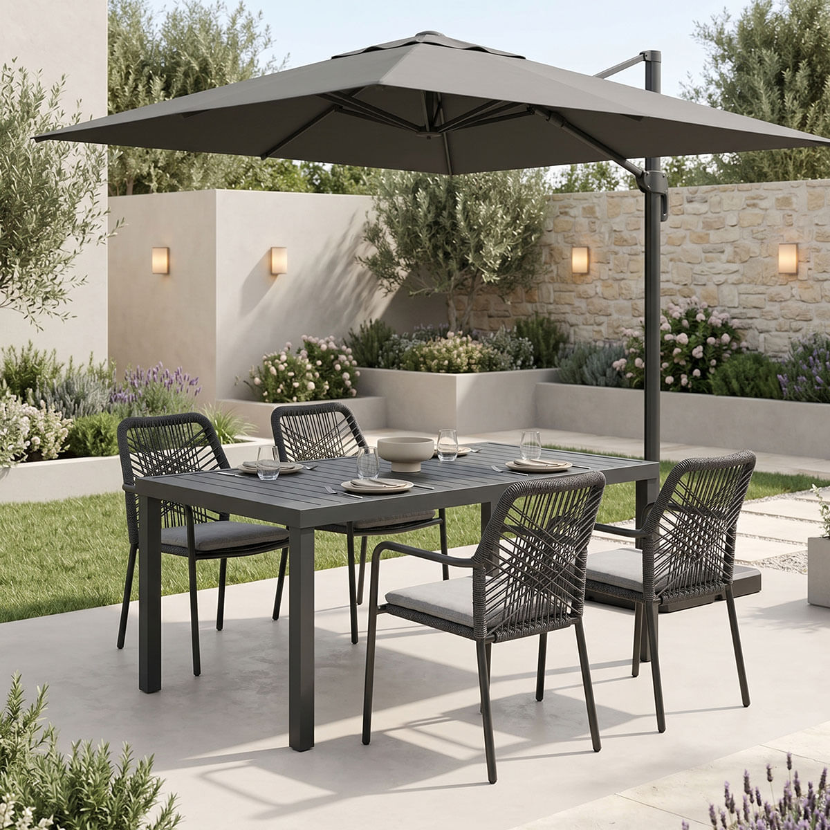 Masa de dining Kherson-Kliton. Set de 5 piese, pakoworld, aluminiu si sfoara, nuanta antracit. Dimensiuni: 150x80x74cm. Masa de dining Khers...