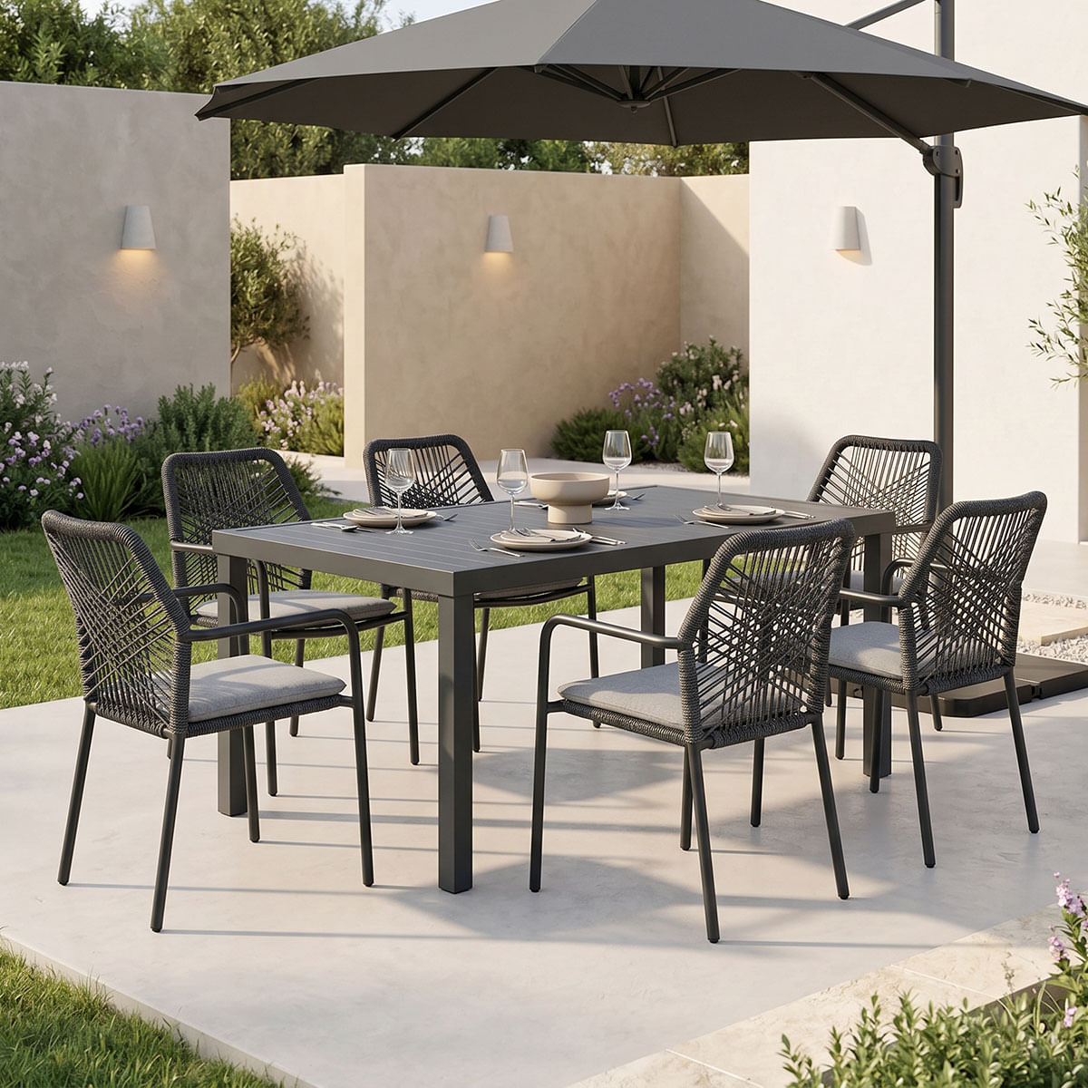 Masa de dining Kherson-Kliton Un set de 7 piese, pakoworld, aluminiu si sfoara, nuanta antracit, 150x80x74cm Masa de dining Kherson-Kliton U...
