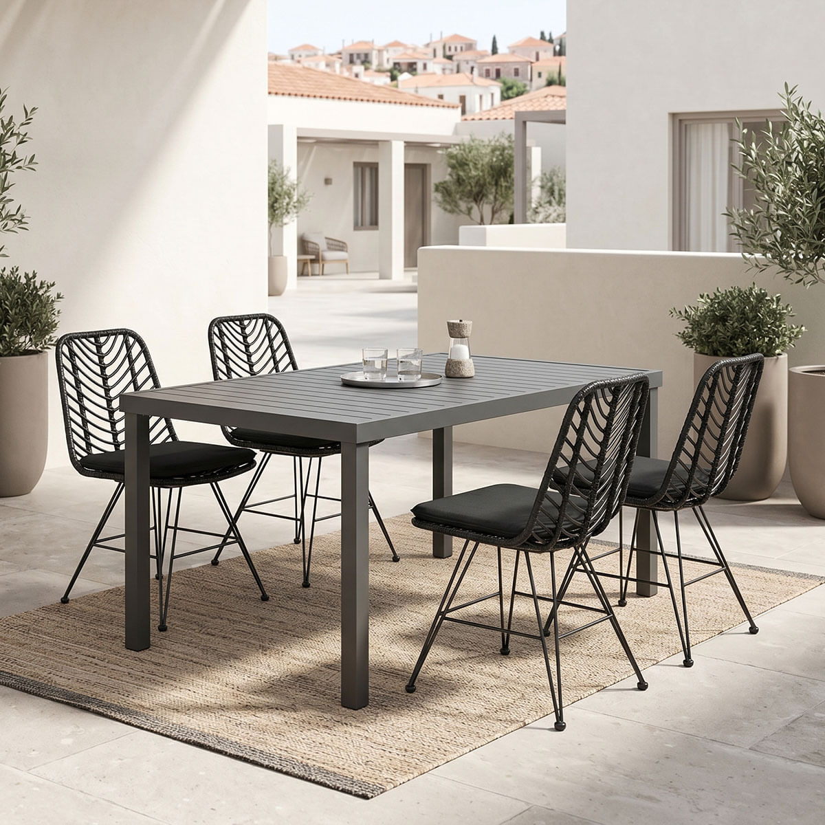 Masa de dining Naoki-Kliton I set de 5 pakoworld antracit aluminiu si ratan pe negru, nuanta neagra, 150x80x74cm Masa de dining Naoki-Kliton...