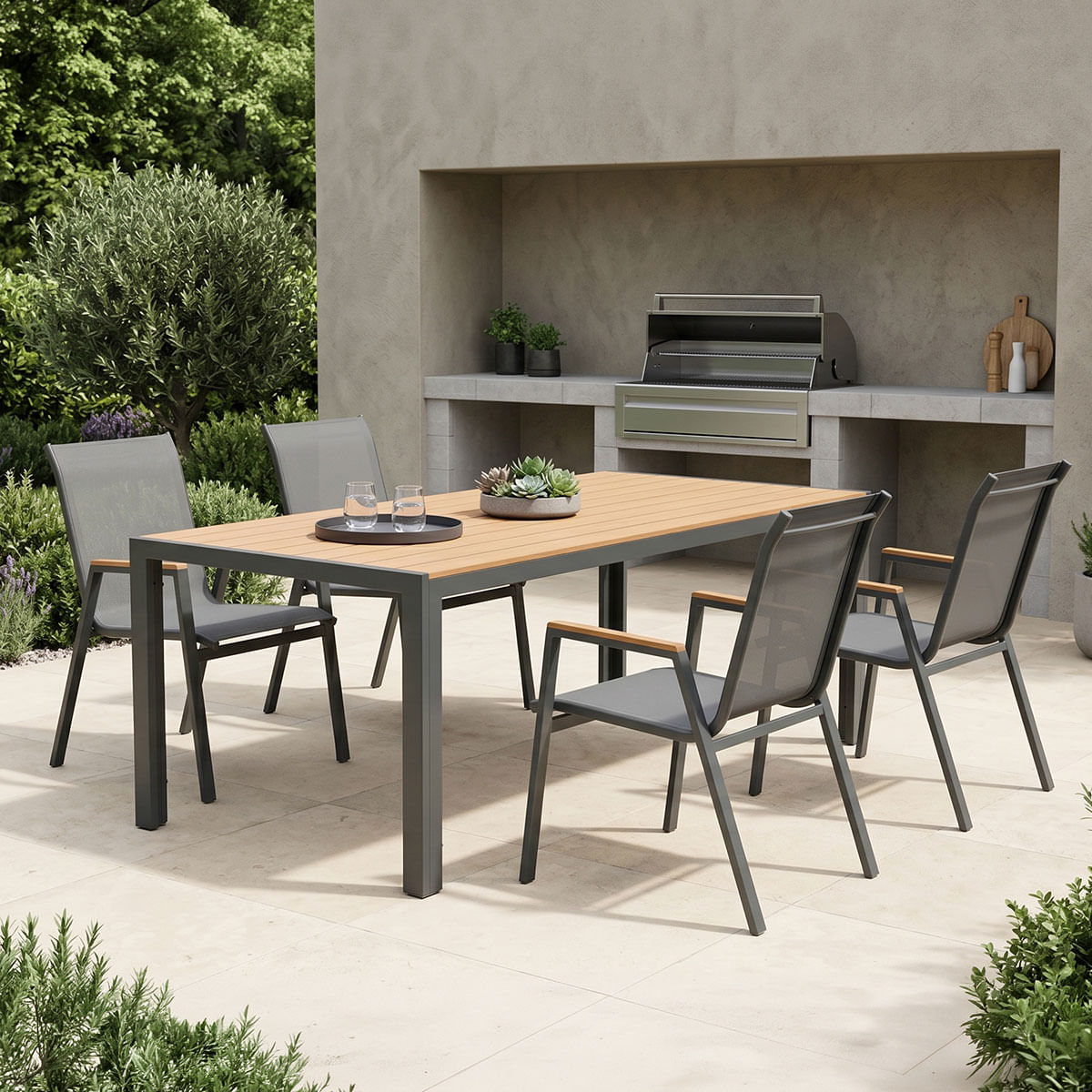 Set masa de dining Nares-Azelie, 5 piese, Pakoworld, antracit, aluminiu si placaj in nuanta naturala, 180x90x72.5cm Set masa de dining Nares...
