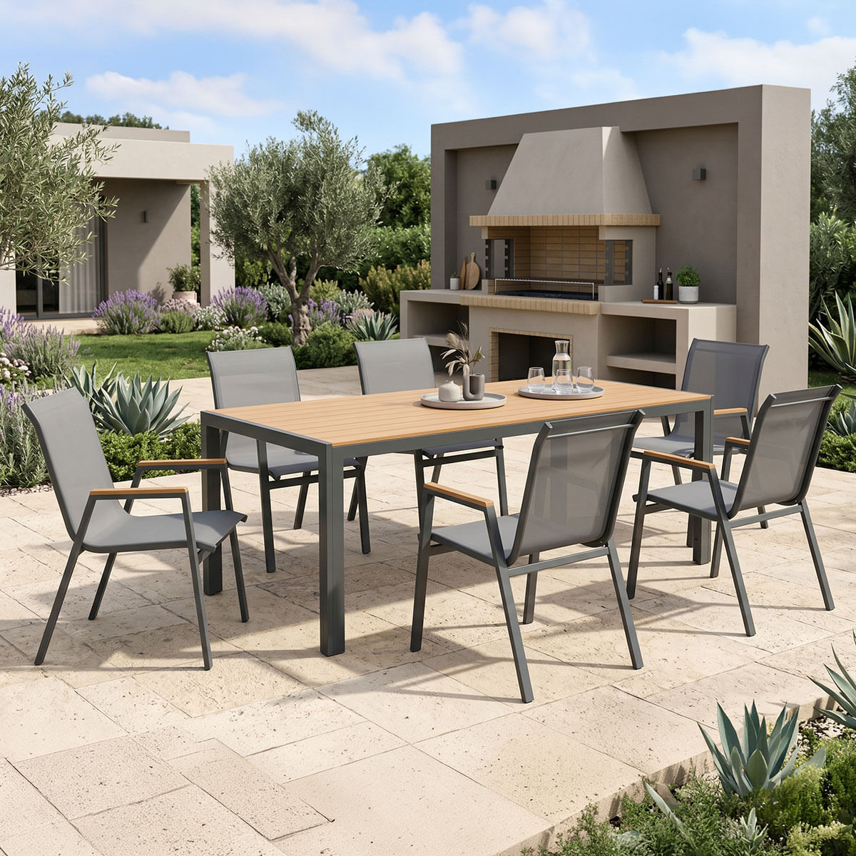 Set masa de dining Nares-Azelie 7 piese pakoworld antracit aluminiu si placaj in nuanta naturala 180x90x72.5cm Set masa de dining Nares-Azel...