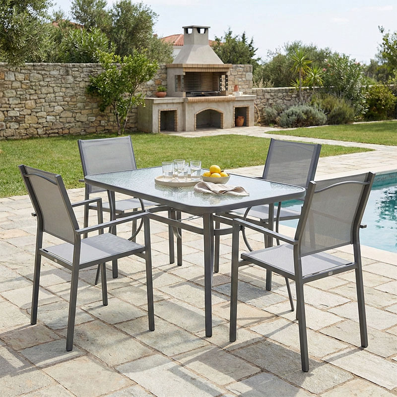 Set masa de dining Ensure-Confidence din metal Pakoworld, 5 piese, nuanta antracit, 120x70x70cm Set masa de dining Ensure-Confidence din met...