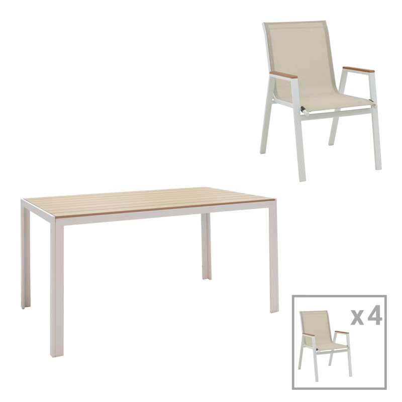 Masa de dining Nares-Azelie. Set de 5 pachete din aluminiu alb si placaj intr-o nuanta naturala. 140x80x72.5cm Masa de dining Nares-Azelie....