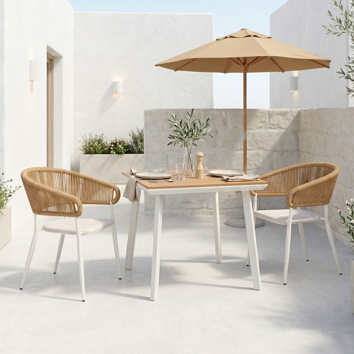 Masa de dining Synergy-Raven set de 3 pakoworld alb, aluminiu si placaj in culoarea naturala 80x80x74cm Masa de dining Synergy-Raven set de...