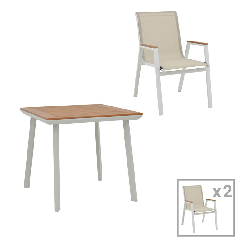 Masa de dining Synergy-Azelie set de 3 pakoworld alb, aluminiu si placaj in culoarea naturala 80x80x74cm Masa de dining Synergy-Azelie set d...