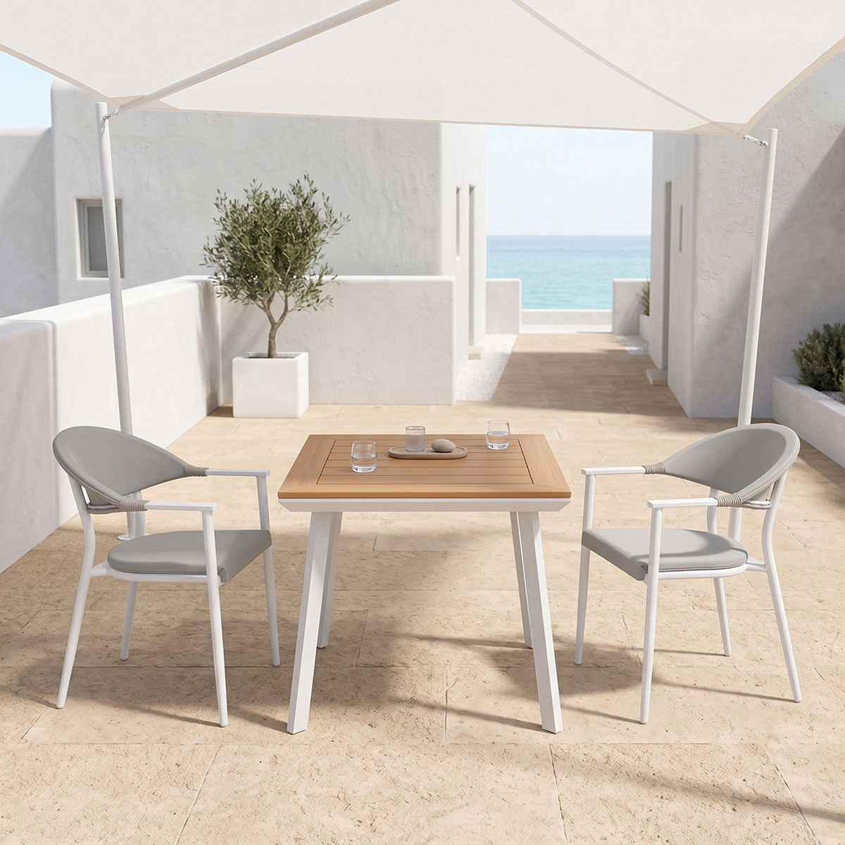 Masa de dining Synergy-Pino set de 3 pakoworld alb, aluminiu si placaj in culoarea naturala 80x80x74cm Masa de dining Synergy-Pino set de 3...