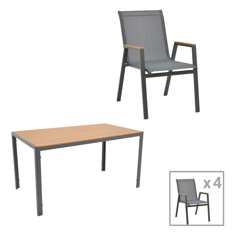 Masa de dining Nares-Azelie C set de 5 pakoworld antracit aluminiu si textilene cu placaj in culoarea naturala 140x80x72.5cm Masa de dining...