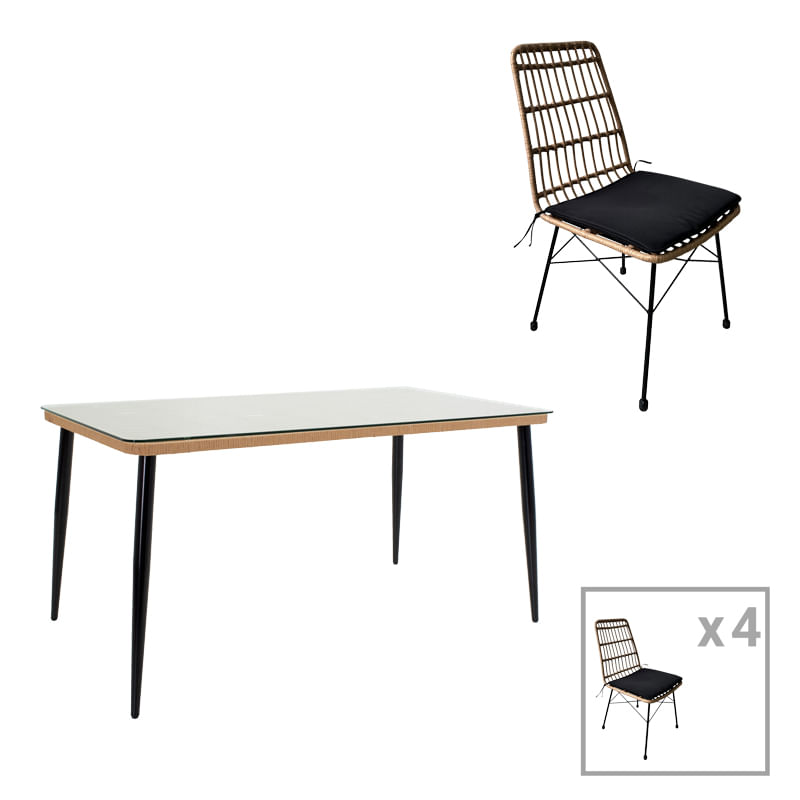 Set masa Naoki U dining, 5 piese, ratan pakoworld, nuanta naturala si metal negru, 160x90x78cm Set masa Naoki U dining, 5 piese, ratan pakow...
