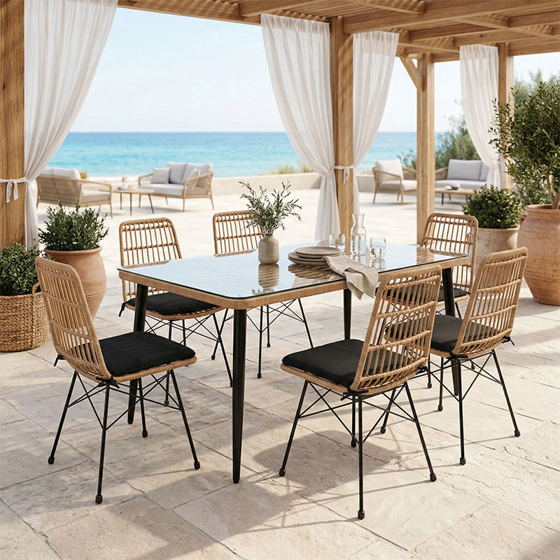 Set masa Naoki U dining, 7 piese, pakoworld rattan pe nuanta naturala si metal negru, 160x90x78cm Set masa Naoki U dining, 7 piese, pakoworl...