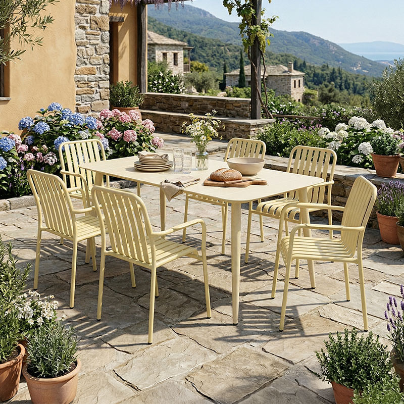 Set de dining Heven Vista pakoworld, set de 7 piese, champagne, aluminiu, 150x80x72cm Set de dining Heven Vista pakoworld, set de 7 piese, c...
