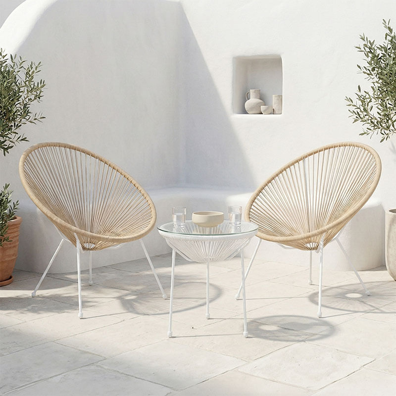 Set de fotolii de exterior Acapulco pakoworld, 3 piese, structura metalica alba cu ratan PE in culoarea naturala, D50x52 cm Set de fotolii d...