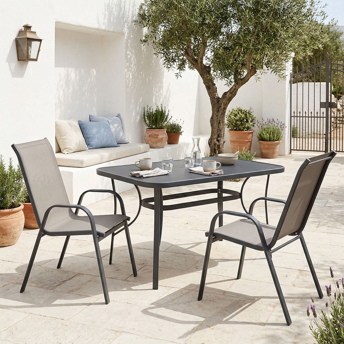 Masa de dining Ensure Calan pakoworld set de 3 piese antracit metal cu sticla 120x70x70cm Masa de dining Ensure Calan pakoworld set de 3 pie...