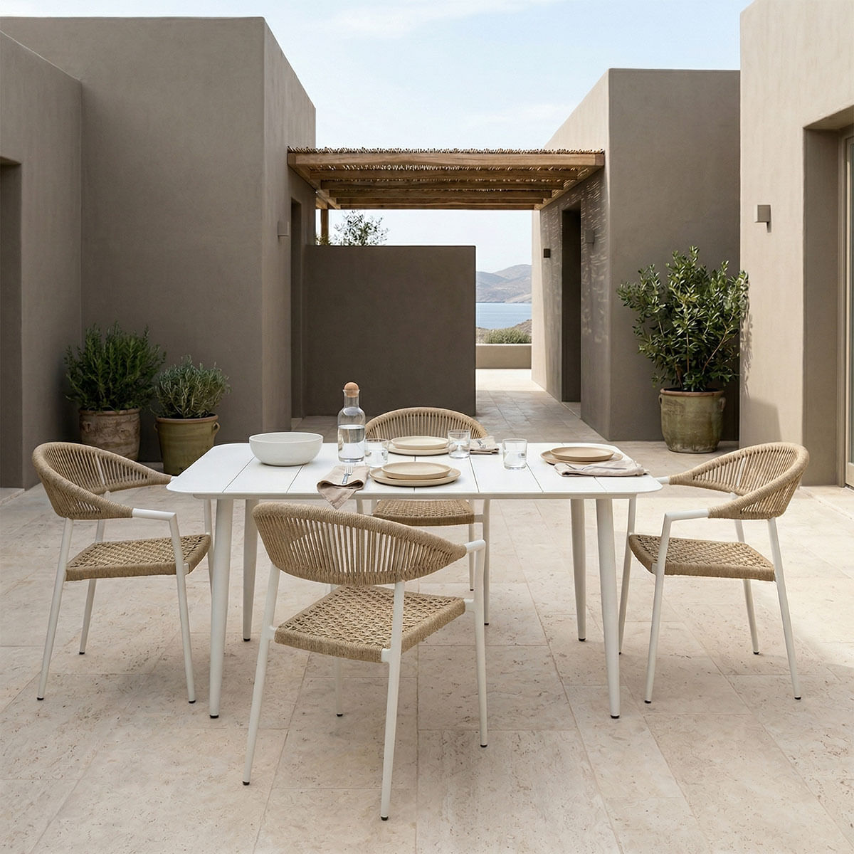 Set de dining Ammos Vista pakoworld, 5 piese, cadru din aluminiu alb cu funie PE in nuanta naturala, 150x80x72cm Set de dining Ammos Vista p...