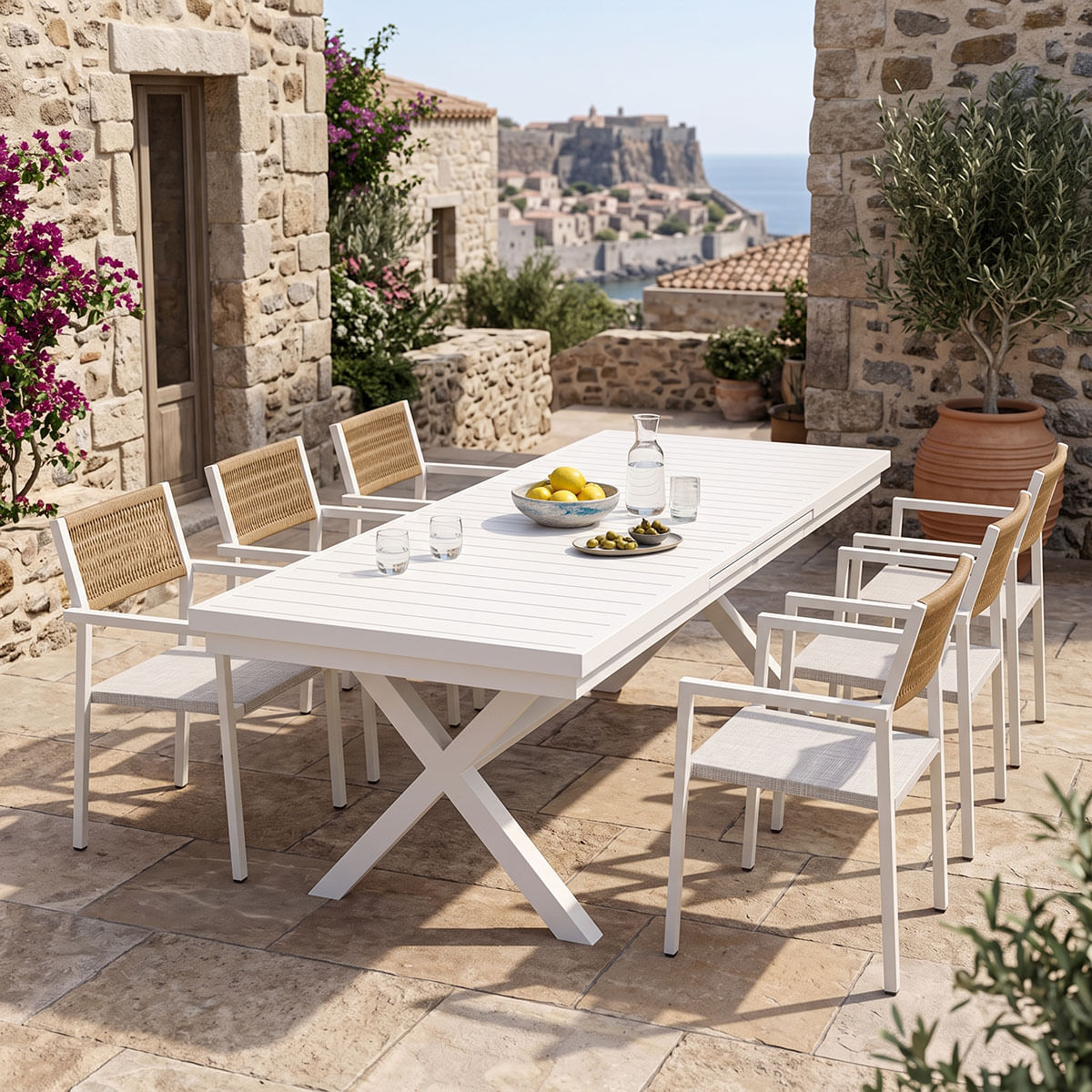 Set dining Dagyn Savor pakoworld 7 piese, alb, aluminiu cu textline PE rattan in nuanta naturala, 180-240x90x76cm Set dining Dagyn Savor pakoworld 7 piese, alb, aluminiu cu textline PE rattan în nuanță naturală, 180-240x90x76cm