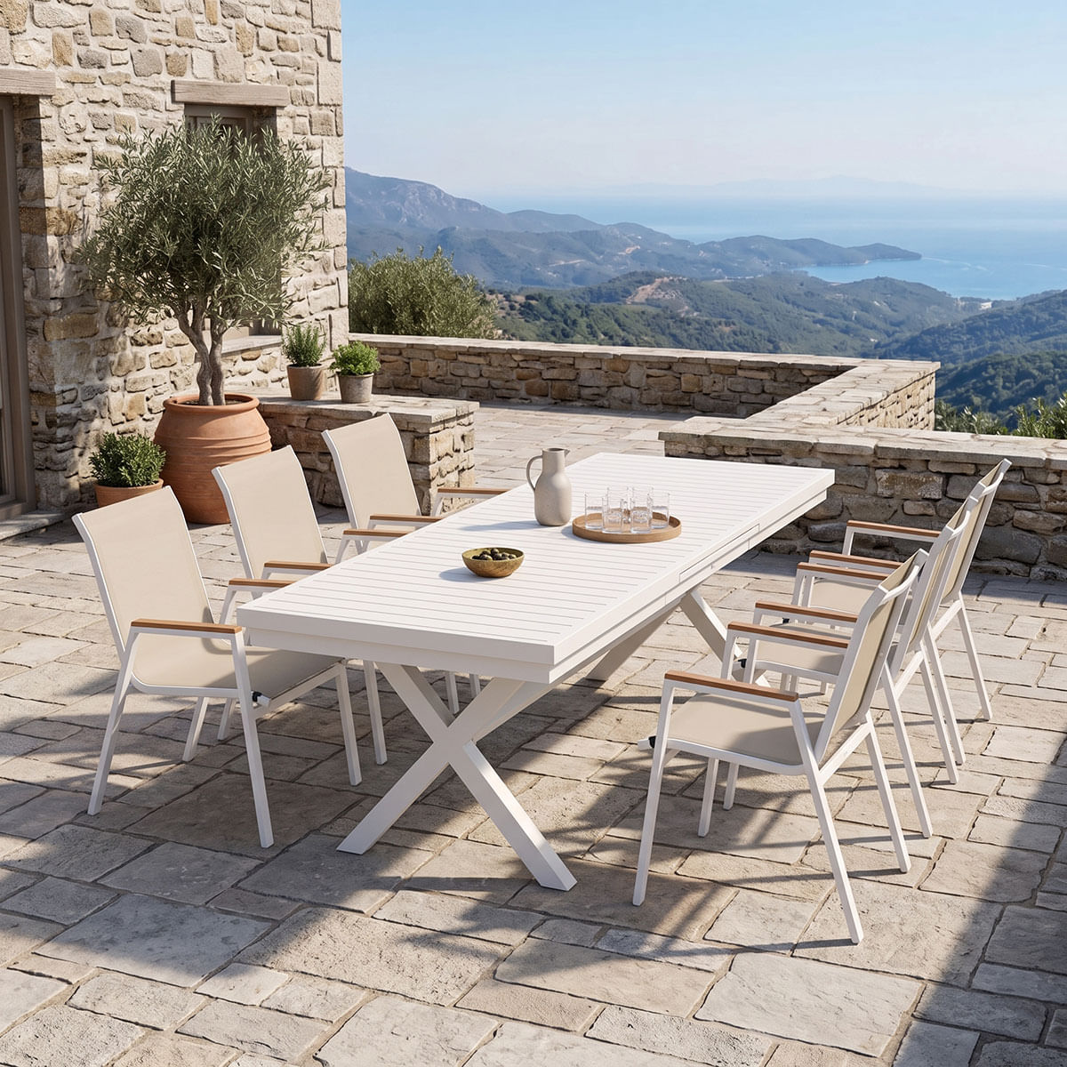 Set dining Dagyn Azelie pakoworld 7 piese, alb, aluminiu cu textilene bej, 180-240x90x76cm Set dining Dagyn Azelie pakoworld 7 piese, alb, aluminiu cu textilene bej, 180-240x90x76cm