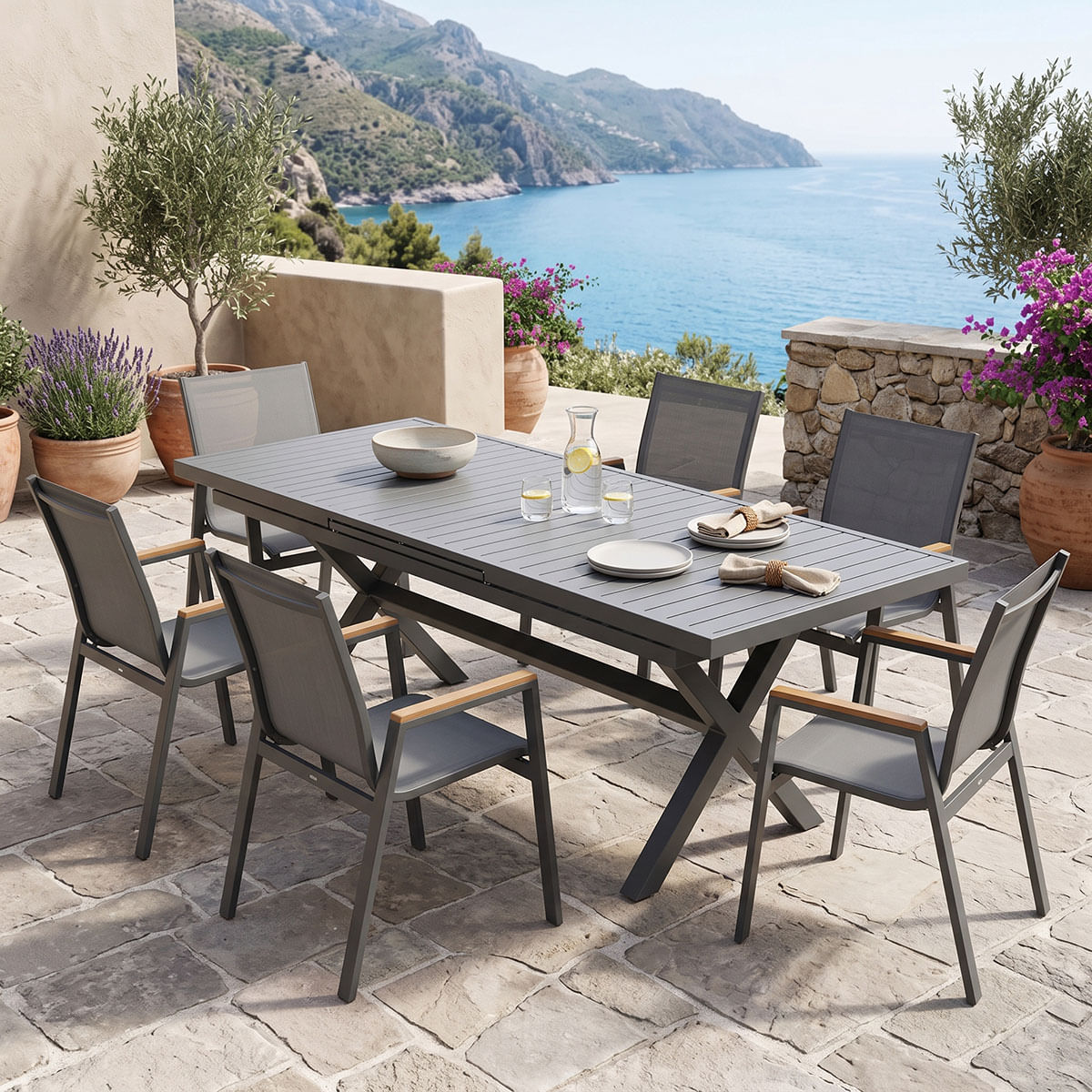 Set de dining Dagyn Azelie pakoworld 7 piese, antracit, aluminiu si textiline cu finisaj natural, 180-240x90x76cm Set de dining Dagyn Azelie pakoworld 7 piese, antracit, aluminiu și textiline cu finisaj natural, 180-240x90x76cm