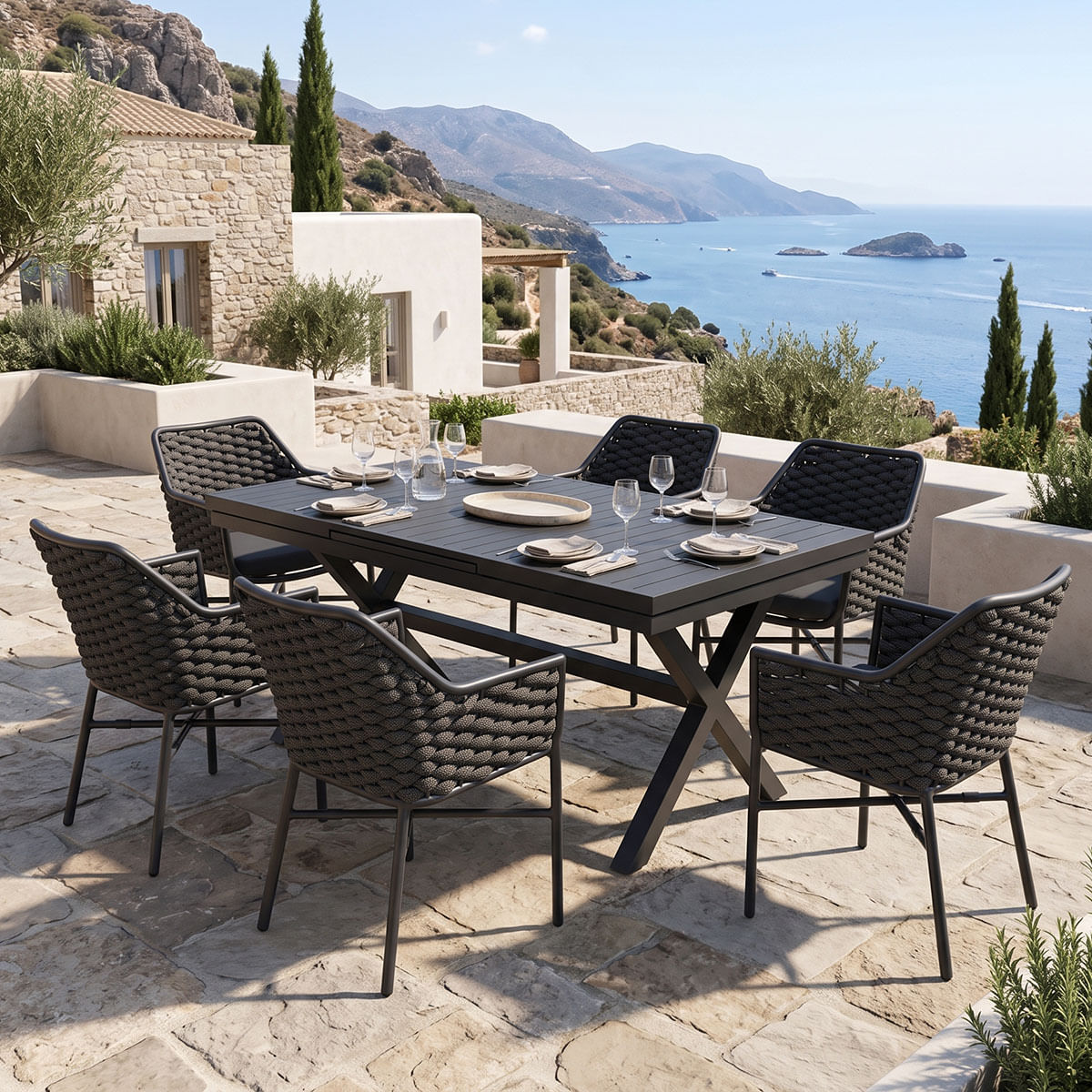 Set de dining Dagyn Ortegia pakoworld 7 piese, antracit, aluminiu si coarda PE, 180-240x90x76cm Set de dining Dagyn Ortegia pakoworld 7 piese, antracit, aluminiu și coardă PE, 180-240x90x76cm