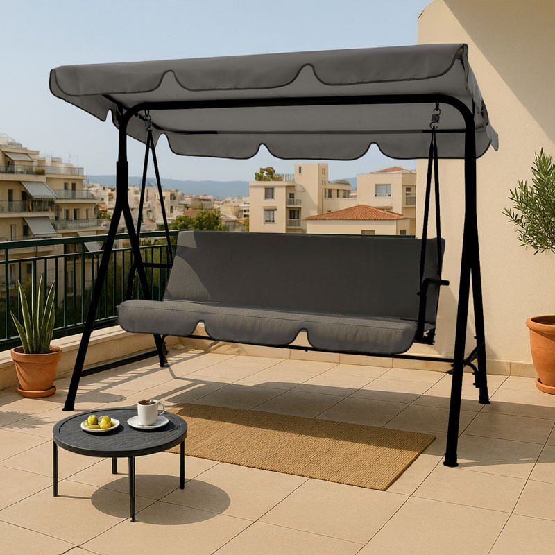 Globo pakoworld leagan de gradina metalic negru-tesatura gri 170x110x153cm Globo pakoworld leagăn de grădină metalic negru-țesătură gri 170x110x153cm
