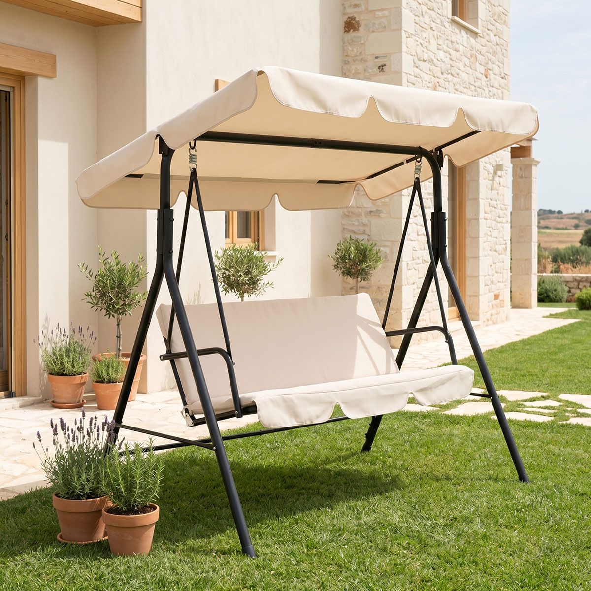Balansoar de gradina Globo Pakoworld metal negru-tesatura bej 170x110x153cm Balansoar de gradina Globo Pakoworld metal negru-tesatura bej 17...