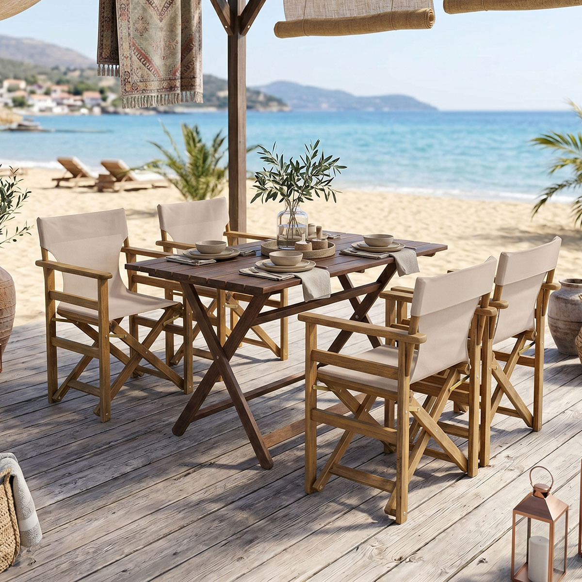 Set de dining Retto, 5 piese, lemn de fag masiv, nuc, material textil bej-gri, 100x60x71cm Set de dining Retto, 5 piese, lemn de fag masiv, nuc, material textil bej-gri, 100x60x71cm