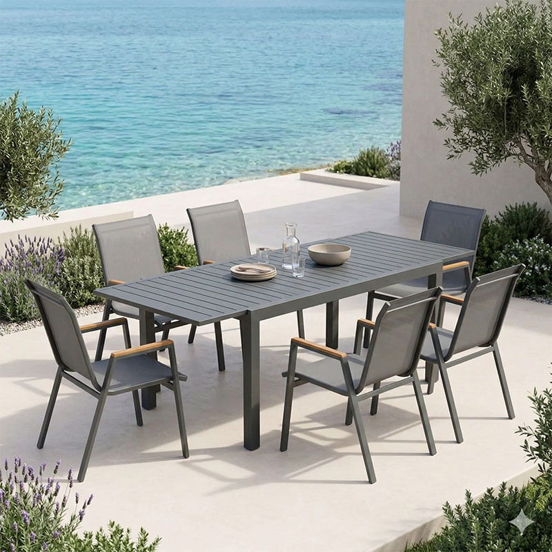 Set sufragerie Azelie-Lafla pakoworld, set de 7 piese, material textil antracit, aluminiu antracit, 160-240x90x75cm Set sufragerie Azelie-La...