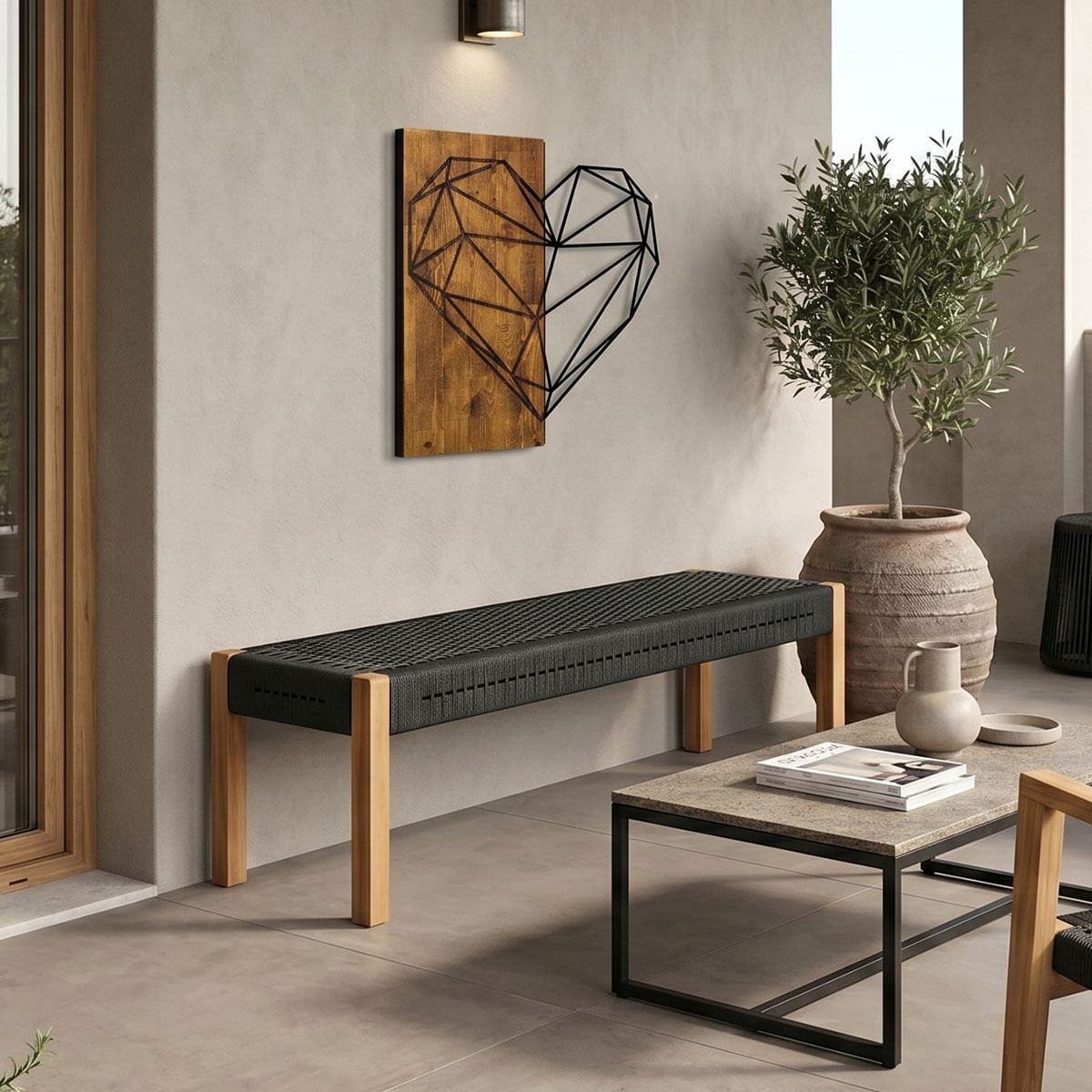 Banca Uma pakoworld lemn de tec si franghie pe culoare neagra 120x45x40cm Bancă Uma pakoworld lemn de tec și frânghie pe în nuanță neagră, 120x45x40 cm.