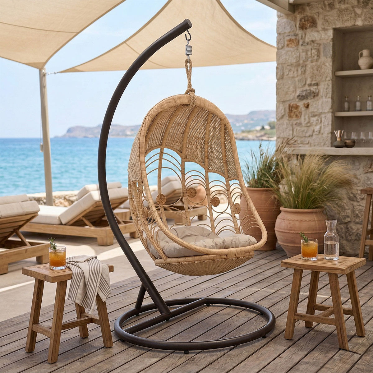 Labreone balansoar pakoworld ratan in culoarea natural-negru, metal-bej, perna 82x82x200cm Labreone balansoar pakoworld ratan in culoarea na...