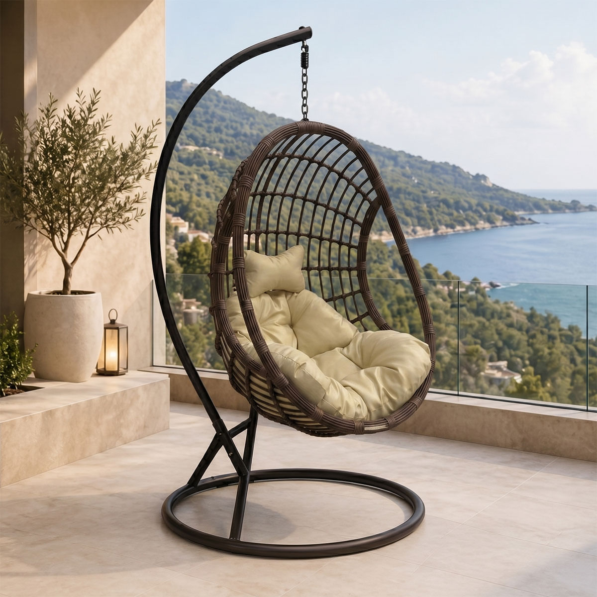 Leagan pentru copii cu suport Cungo pakoworld metal maro - pe rattan maro cu perna bej 125x105x195cm Leagan pentru copii cu suport Cungo pakoworld metal maro - pe rattan maro cu pernă bej 125x105x195cm
